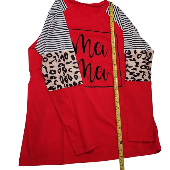 Women's Ma Ma Print Long-Sleeve Raglan Top Red Leopard & Stripes Size Medium - Picture 8 of 8